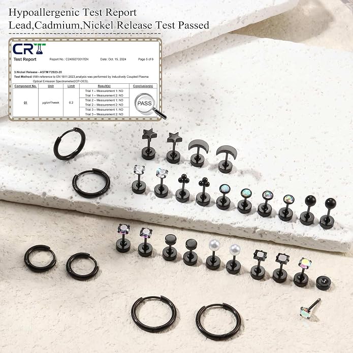 Jstyle Hypoallergenic Flat Back Stud Earrings for Women Men Surgical Stainless Steel Earrings for Sensitive Ears Small Stud Hoop Silver Gold Black Earrings Cartilage Earring Set for Multiple Piercing