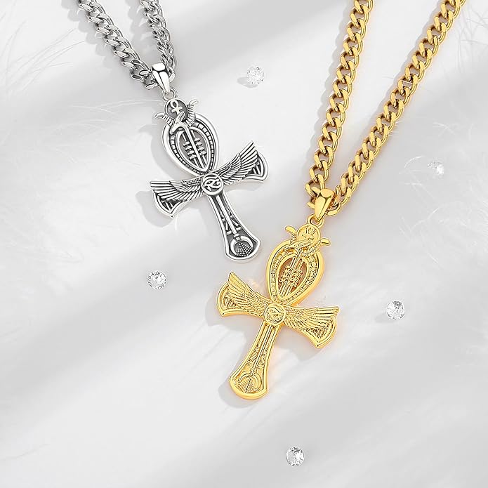 INFUSEU Mythology Pendant Necklaces for Men, Viking Norse Mjolnir Egyptian Anubis Ankh, 22-24 Inch Chain