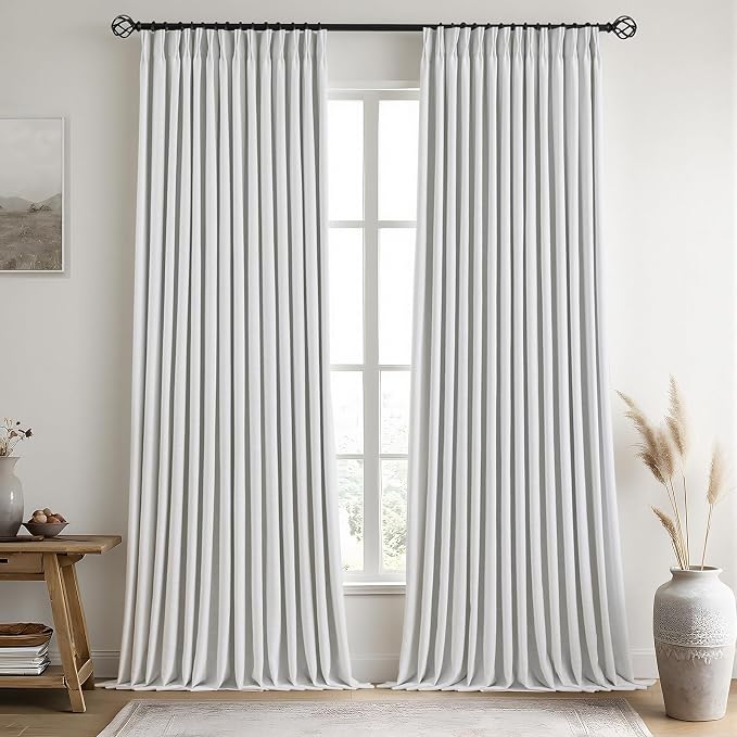 IVAPUPU Linen Pinch Pleated Full Blackout Curtains for Bedroom - Black Out White Curtains 95 Inch Long 2 Panel for Living Room Darkening Thermal 2 Pages Window Curtain Drapes with 16pc Hooks