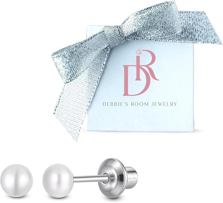 Pearl Screw Back Stud Earrings for Baby, Toddler, Girls | Hypoallergenic 925 Sterling Silver Screwback Safety Earrings | Simulated Pearl Studs for Sensitive Ears | Keepsake Gift for Birthdays Holidays Special Occasions
