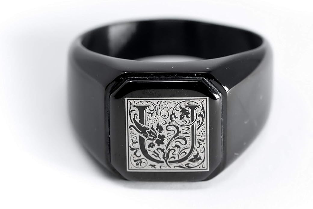Jewelry | Stainless Steel Letter Alphabet Initial Ring | Square Flat Top Ring for Men & Women | Stainless Steel Jewelry, (Black, Gold, Silver), Size 7-16