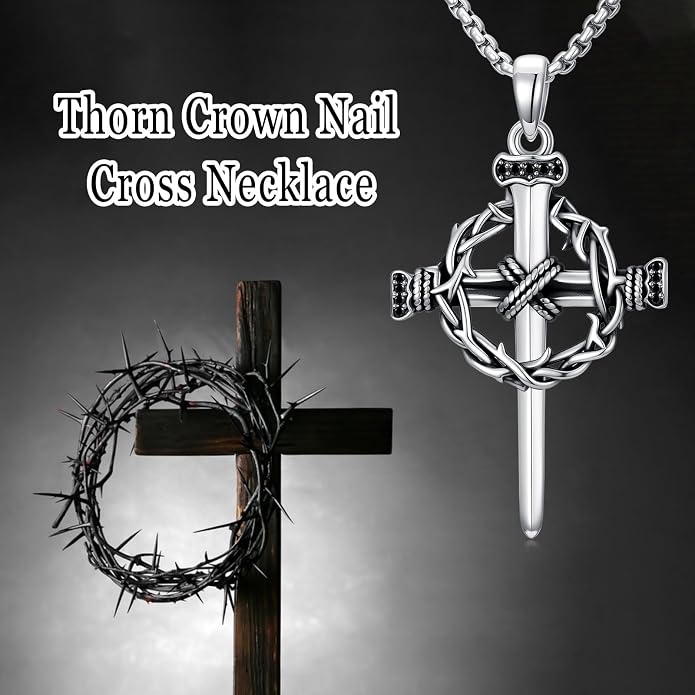 Crown of Thorns Necklace for Men 925 Sterling Silver Nail Cross Necklace Pendant Religious Christian Jewelry Valentines Day Gifts for Men