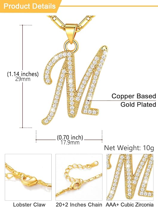 U7 Initial Necklace for Women, Gold/Platinum Plated CZ Crystal Letter A-Z Pendant Necklace, Shiny 20 Inch Name Chain Dainty Personalized Jewelry for Men Mom Wife Friend