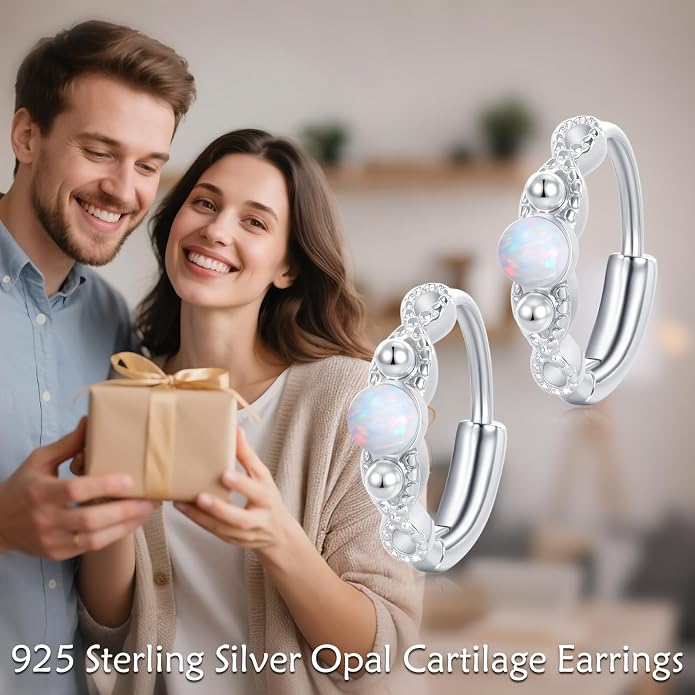 Opal Small Cartilage Hoop Earrings for Women Sterling Silver Helix Hoop Huggies Earrings for Piercings Twisted Mini Opal Jewelry for Women