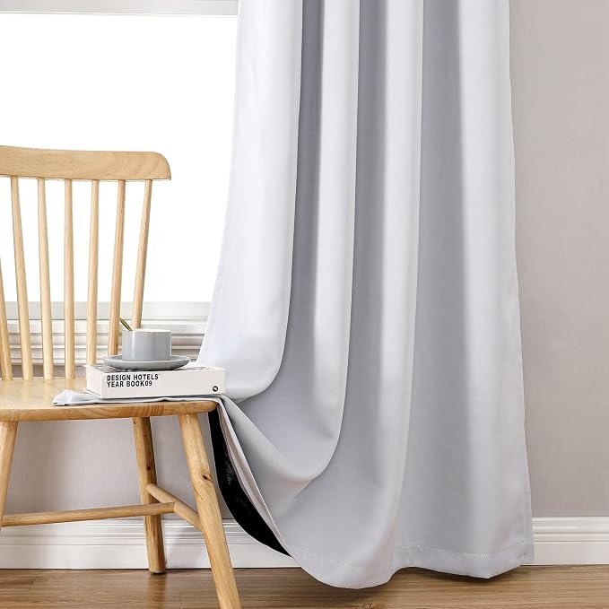 ChrisDowa 100% Blackout Curtains for Bedroom 90 Inches Long 2 Panels Set | 2 Thick Layers, Thermal Insulated, Light Blocking, Grommet, Window Treatment, Living Room Drapes, Greyish White, 52 x 90 Inch