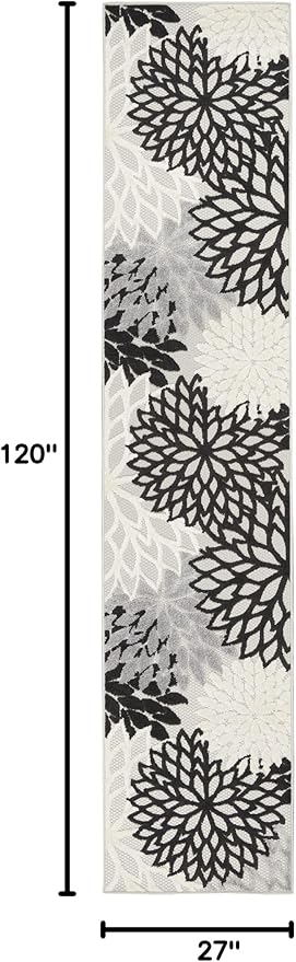 Nourison Home Aloha Indoor/Outdoor Black White 2'3" x 10' Area Rug, Tropical, Botanical, Easy Cleaning, Non Shedding, Bed Room, Living Room, Dining Room, Deck, Backyard, Patio (2x10)