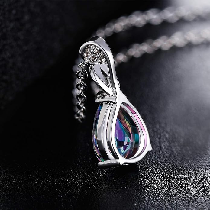 VOLUKA Created Opal/Amethyst/Mystic Topaz Pendant Necklace for Women,18K White/Rose Gold Plated Chain Wedding Engagement Jewelry Gift