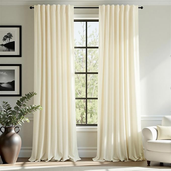 Ivory Velvet Pleated Curtains 90 Inch Length for Living Room 2 Panels Back Tab Pocket Light Filtering Luxury Home Decoration Mid Century Modern Farmhouse Style Vintage Long Drape for Bedroom Off White