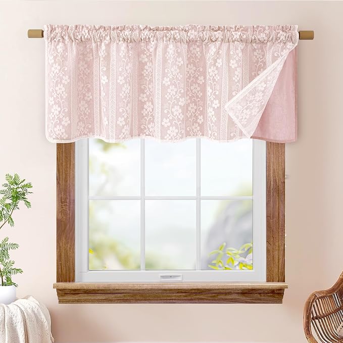 ASPMIZ Linen Valances for Windows Farmhouse, Double Layers Kitchen Curtains with Linen and Lace, Rustic Valance Curtains for Small Window, Kitchen, Bathroom, Cafe, 52 x 18 Inch Rod Pocket, Pink