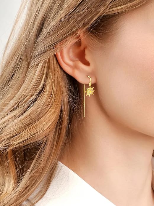 TANGPOET Sun Moon Star Threader Earrings for Women 925 Sterling Silver Synthetic Opal Long Chain Thread Earrings Hypoallergenic Celestial Jewelry Gifts for Birthday Mother's Day Christmas