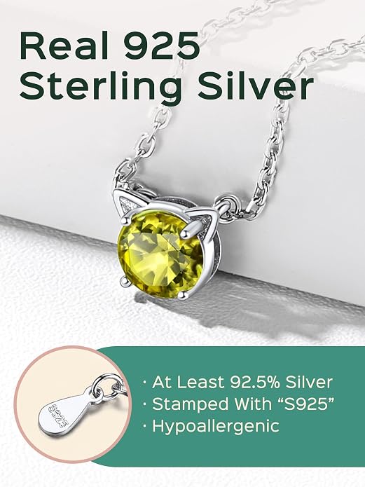 ChicSilver Bow and Cat Birthstone Necklace, 925 Sterling Silver Pendant Necklaces for Women, Hypoallergenic Silver Choker with 16 inch Rolo Chain, 12 Months Jewelry for Valentines Mothers Day Christmas