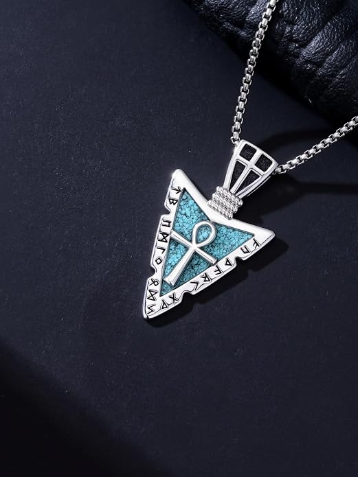 Viking Turquoise Arrowhead Necklace for Men Celtic/Evil Eye/Ankh/Valknut/Compass Arrow Head Pendant Fathers Day Birthday Gifts