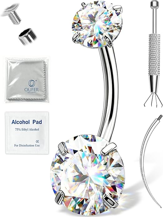 OUFER 14G G23 Titanium Moissanite Internally Threaded Belly Button Ring with Care Kit for Healing,D Color VVS1 Brilliant Cut Stones, Silver/18K Gold Plated Hypoallergenic Navel Piercing Jewelry for Women Men