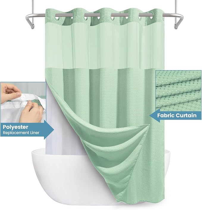 EUTXL Heavyweight Mint Green Long No Hook Shower Curtain with Snap in Liner,256GSM Waffle Weave Shower Curtains for Bathroom,71W x 86H