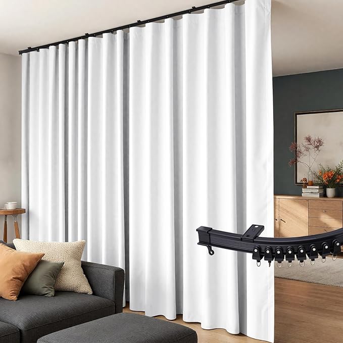 Room Divider Curtains Flexible Ceiling Tracks set Curtain track Ceiling Mount Blackout Curtain for Living Room Bedroom Ceiling Curtain Rod Privacy Divider Panel W180xH84 GreyishWhite Drape&Black rail