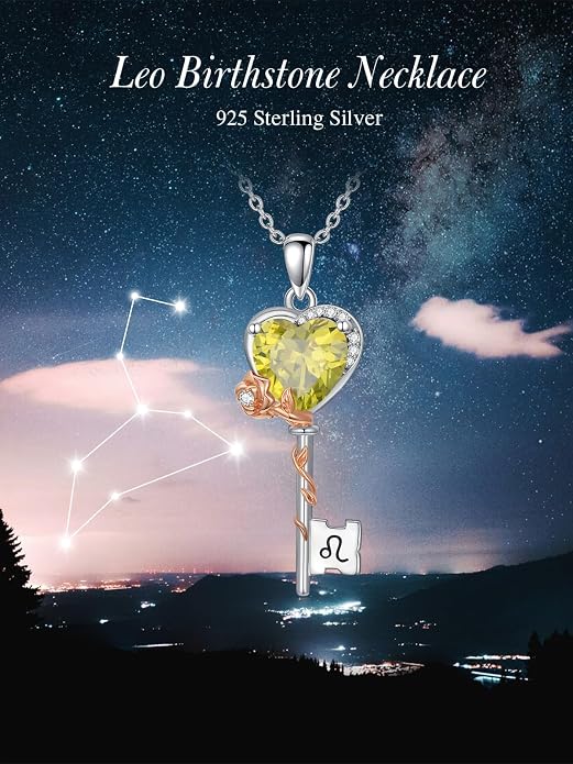 OCJ Zodiac Necklace for Women 925 Sterling Silver Rose Flower Key Pendant Necklaces Zodiac Birthstone Jewelry Wife Birthday Anniversary Christmas Gifts for Her