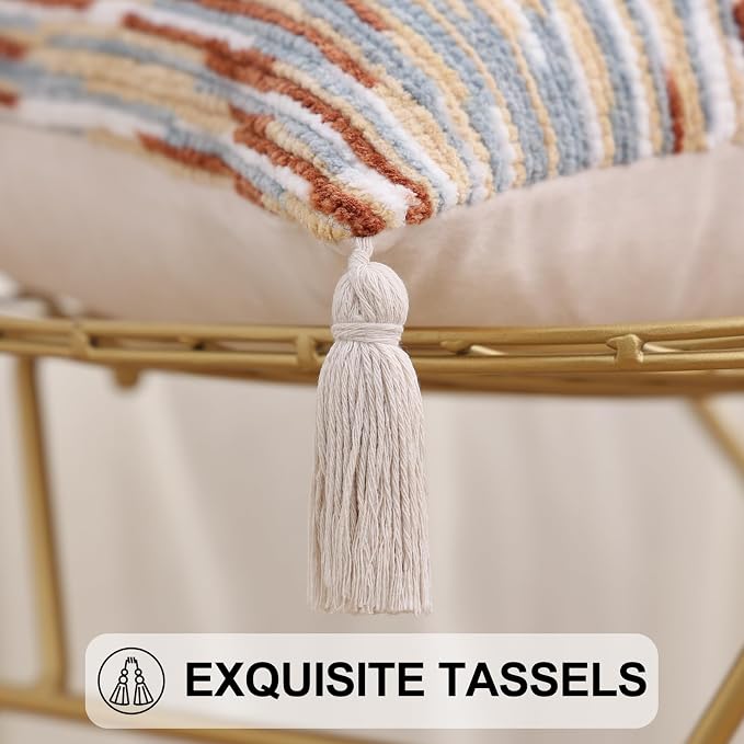 Simmore Fall Boho Decorative Rust Throw Pillow Covers 12X20 Set of 2 | Tufted Accent Modern Farmhouse Neutral Pillow Covers with Tassels for Cozy Bohemian Couch Sofa Bedroom Home Decor