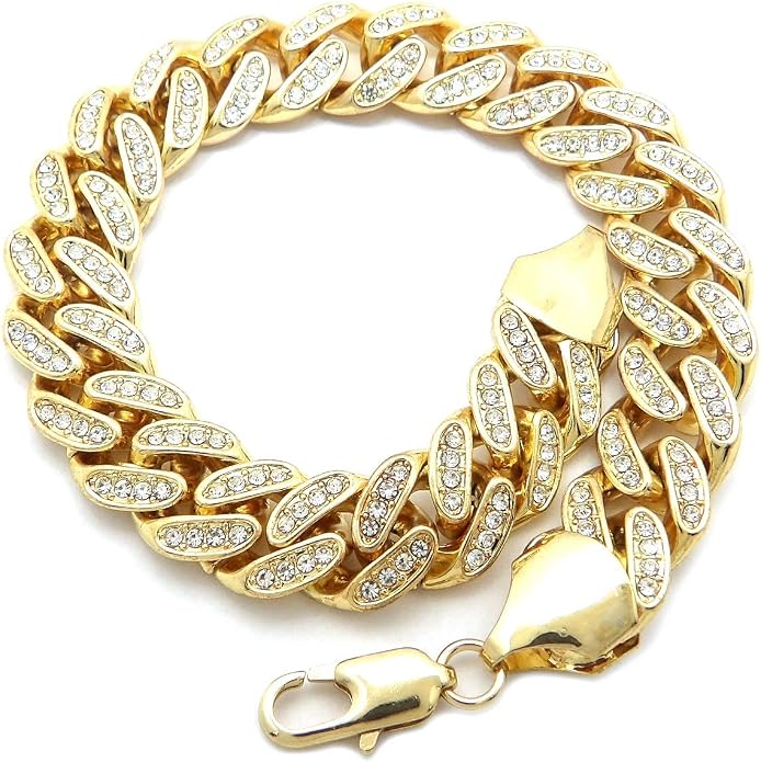 Fashion 21 Women's Stone Filled 12mm 9.5" Box Lock Cuban Chain Anklet (12mm 12" Stone Filled/Lobster Clasp)