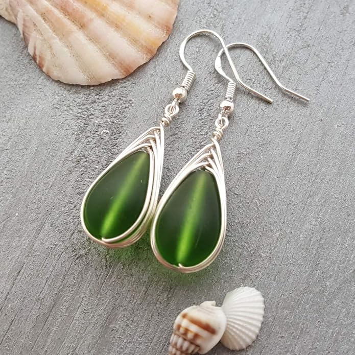 Handmade Sea Glass Earrings, Hawaiian Jewelry, Wire Braided Earrings Teardrop Earrings, Beach Jewelry Sea Glass Jewelry For Women Birthday Gift