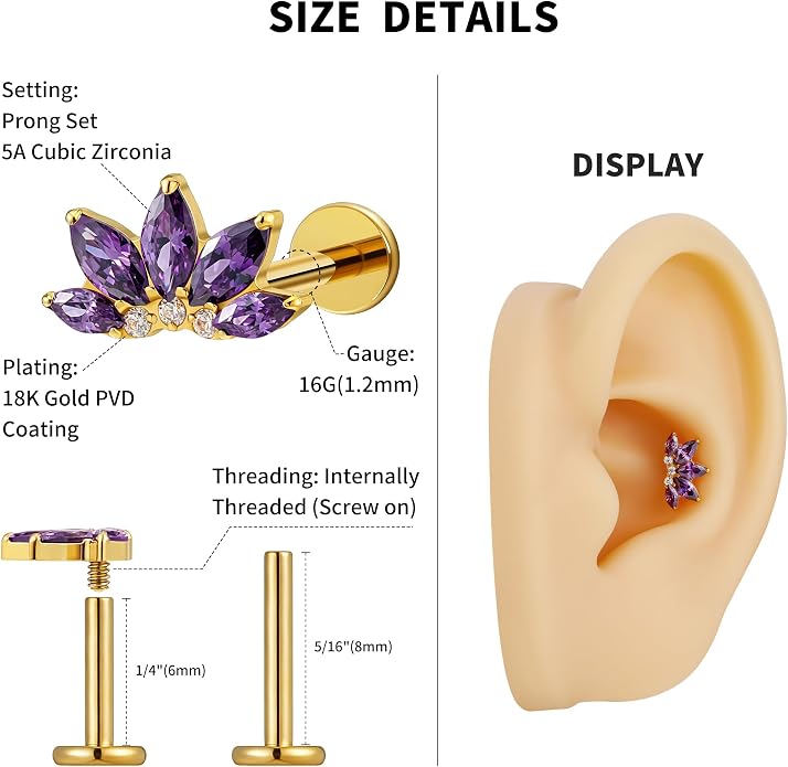 FINE4U 1PC ASTM F136 Titanium 16G Flatback Stud for Tragus, Helix, Conch 6mm 8mm - Screw on Cartilage Earring Piercing Jewelry