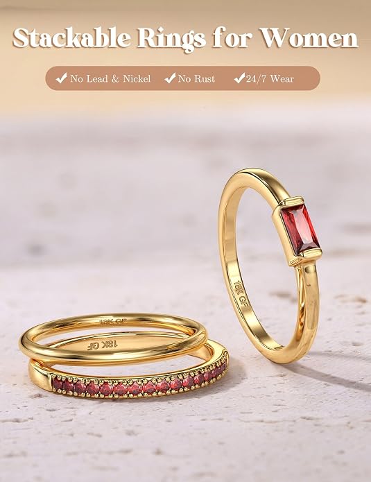 Gold Stackable Birthstone Rings for Women - 18K Gold Filled Non Tarnish Dainty Gold Stacking Rings Set - Cubic Zirconia Thumb Knuckle Ring Wedding Engagement Ring for her Gifts Size 6 7 8 9 10 3pcs