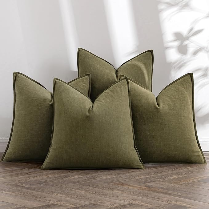 MIULEE Olive Green Boho Linen Pillow Covers 20x20 Inch Pack of 4 | Natural Decorative Throw Pillow Covers Soft Farmhouse Couch Pillowcases Modern Decors for Living Room Bed Sofa