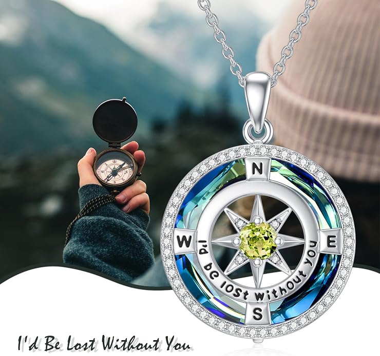 TOUPOP Necklace Gifts for Wife Compass Jewelry Women Anniversary Girlfriend Birthday Gift for Her Valentines I'd be Lost without You Sterling Silver Birthstone Necklaces