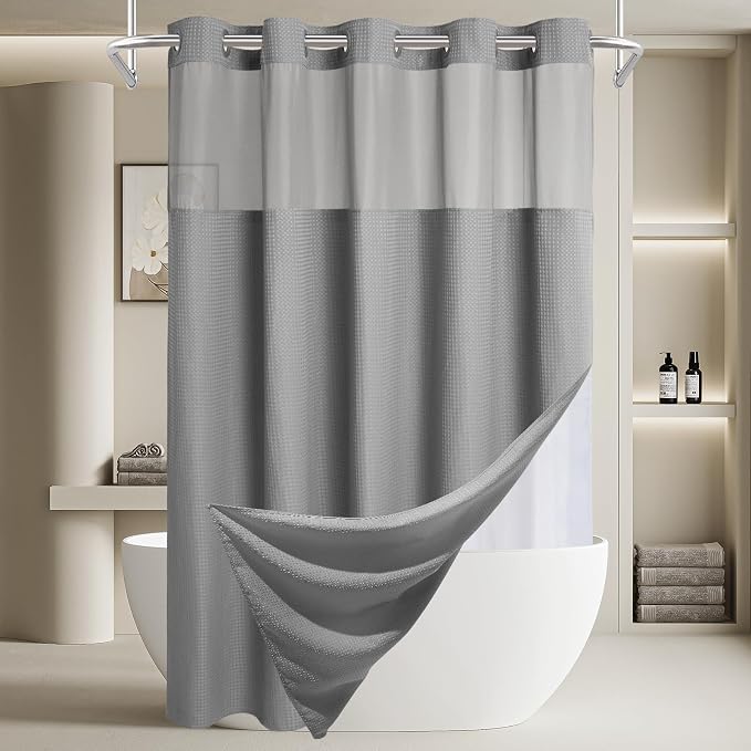 EUTXL Heavyweight Extra Long No Hook Shower Curtain with Snap in Liner,256GSM Waffle Weave Shower Curtains for Bathroom,71W x 98H,Grey