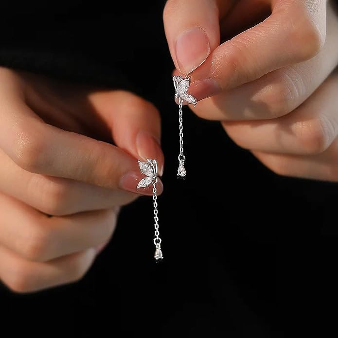 925 Sterling Silver Tassel Chain Dangle Earrings for Women Sparkling Long Fringe Dangle Drop Earrings Bling Line Minimalist Wedding Studs Earring Jewelry Birthday Christmas Gifts for Her