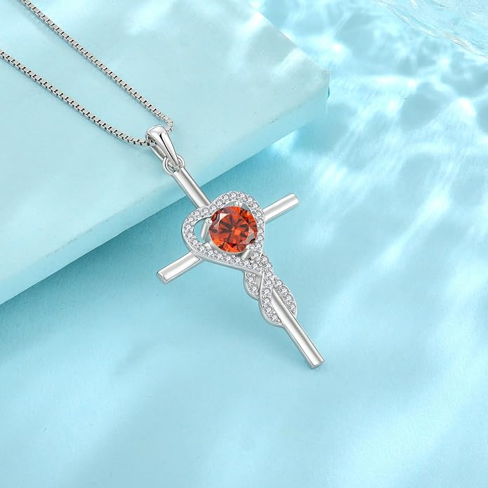 Cross Necklace for Women 925 Sterling Silver Infinity Birthstone Pendant Necklace Religious Christian Jewelry Gifts Wife Mom Her