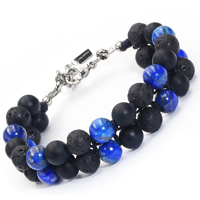 Mens Crystal Bracelets Healing Bracelet Authentic Mens Bead Bracelet Real Lapis Lazuli Lava Onyx Stone Bracelets for Men, Handmade Stainless Steel Adjustable Chain Men Jewelry for Him