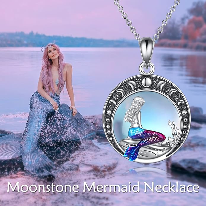 LUHE Mermaid Necklace Jewelry Gifts Sterling Silver Sea Mermaid Crescent Moon and Star Necklace with Flower Pendant Birthday Gifts for Daughter Women