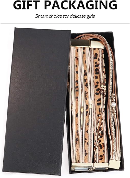 Wowanoo 3Pack Leather Cuff Bracelet Set Multilayer Wrap Bracelet Crystal Feather Tree Bracelet Magnetic Clasp Bracelet for Women