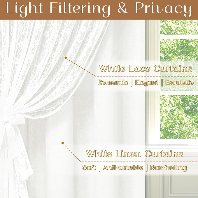 ASPMIZ Linen Kitchen Curtains Double Layer Kitchen Window Curtains Over Sink 36 Inch Length White Tier Curtain Light Filtering, Rod Pocket Cafe Curtain Short Window Treatments with 2 Tiebacks, 26x36