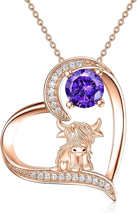 Highland Cow Gifts for Women 925 Sterling Silver Highland Cow Birthstone Necklace Fluffy Cow Jewelry Gifts Birthday Christmas