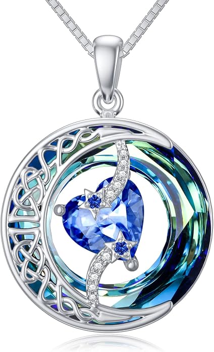 TOUPOP Birthstone Necklace 925 Sterling Silver Moon and Star Pendant Celtic Moon Jewelry with Blue Crystal Anniversary Birthday Gifts for Women Mom Wife Her