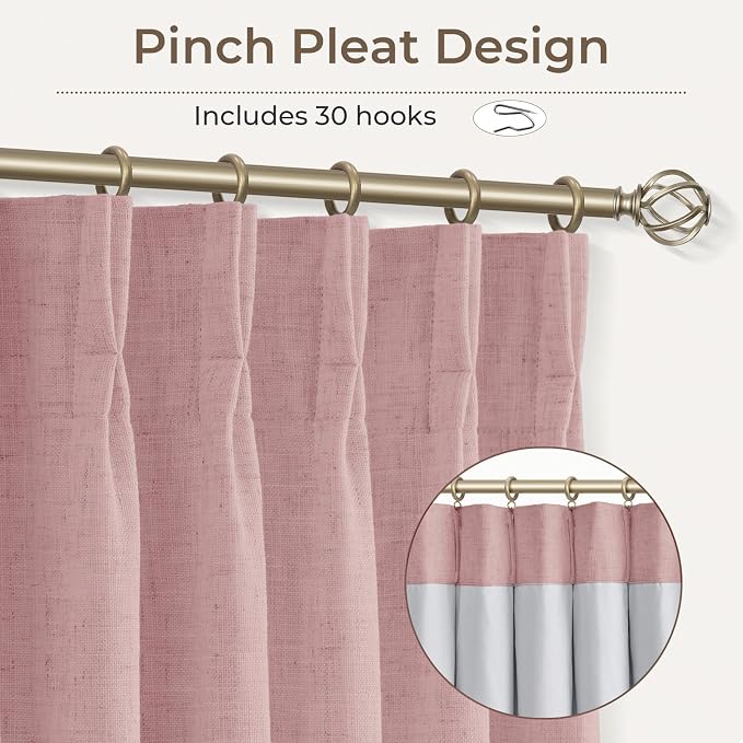 CAPALOCA Pinch Pleated Curtains Blackout, Linen Blackout Curtains 108 inches Long 2 Panels Set for Bedroom, Thermal Insulated Pinch Pleated Drapes for Living Room, 40"W x 108"L (Pack of 2), Nude Pink
