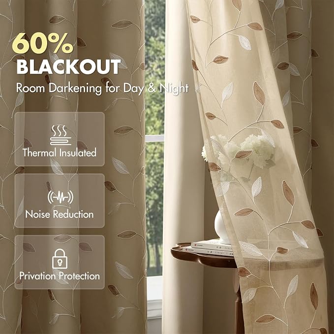 MIULEE Beige Double Layer Curtains 84 Inches Long, Leaf Patterned Sheer Floral Drapes and Blackout Room Darkening Window Curtains for Living Room Bedroom, Grommets Top, 52" W x 84" L, 2 Panels