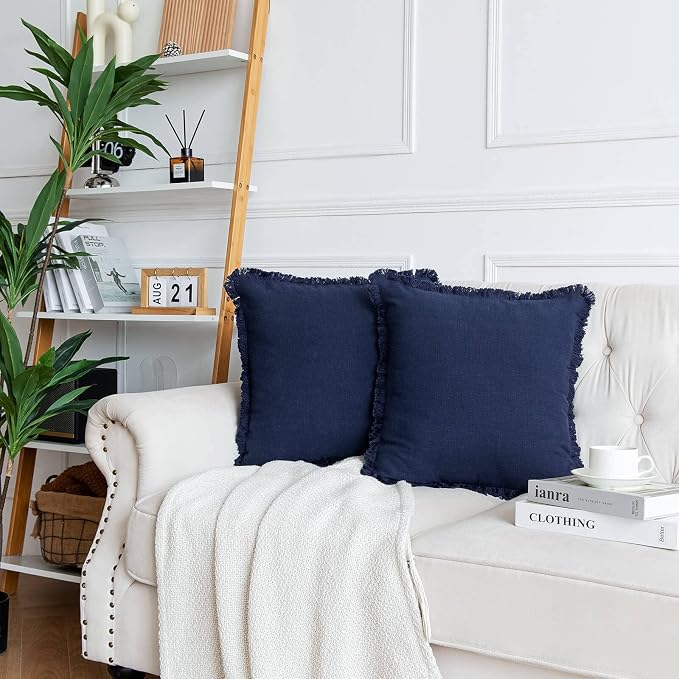 AmHoo Pack of 2 Linen Pillow Covers with Tassels Fringed Decorative Rustic Natural Throw Pillowcase Cushion for Couch Sofa Bedroom 16 x 16-Inch Navy Blue