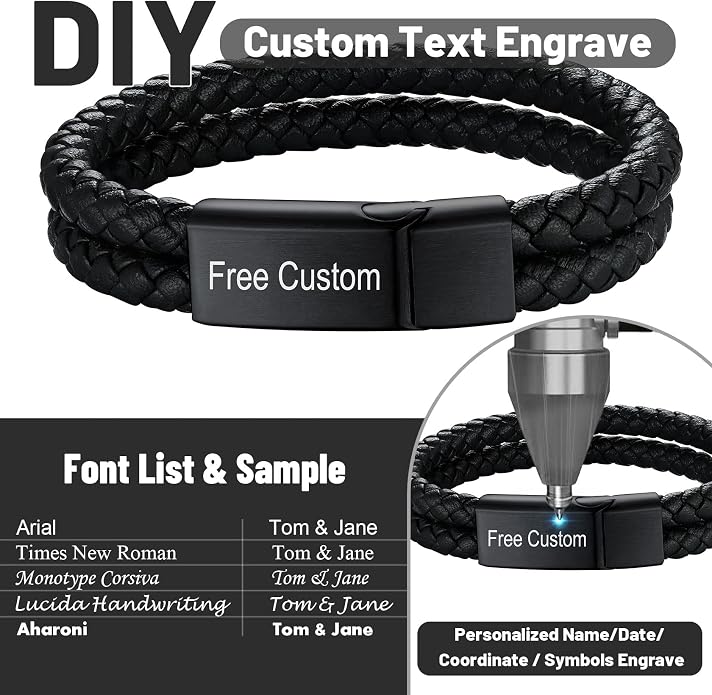 ChainsHouse Mens Wrap Braided Leather Black Bead Bracelets Bangles, Vintage Star of David/Wing Skull/Templar Cross Genuine Leather Bracelet, Customize Available, Size 7.5/8.3/9.0 Inch, Send Gift Box