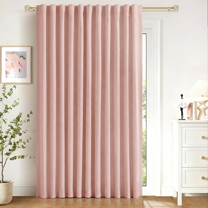 100% Blackout Shield Linen Blackout Sliding Door Curtains for Living Room, Back Tab/Rod Pocket Thermal Insulated Curtains for Sliding Glass Doors, 1 Panel Set, 100" W x 90" L, Blush Pink