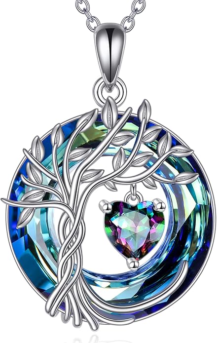 POPLYKE Mothers Day Gifts for Mom Her Wife Tree of Life Necklace 925 Sterling Silver Birthstone Pendant with Crystal Anniversary Birthday Wedding Jewelry for Women
