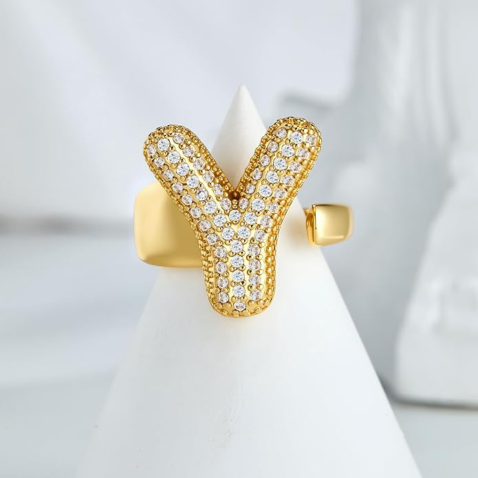 Cicy Bell Initial Rings for Women 14k Gold Plated Cubic Zirconia Delicate Letter Chunky Statement Open Rings Gifts for Her