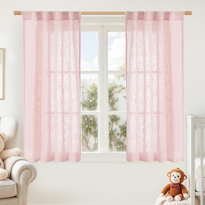 LAMIT Linen Curtains 48 Inch Length 2 Panels, Light Filtering Panels Back Tab and Rod Pocket Neutral Drapes for Kitchen/Window/Kids Room/Bedroom, 34 x 48 Inch Pink