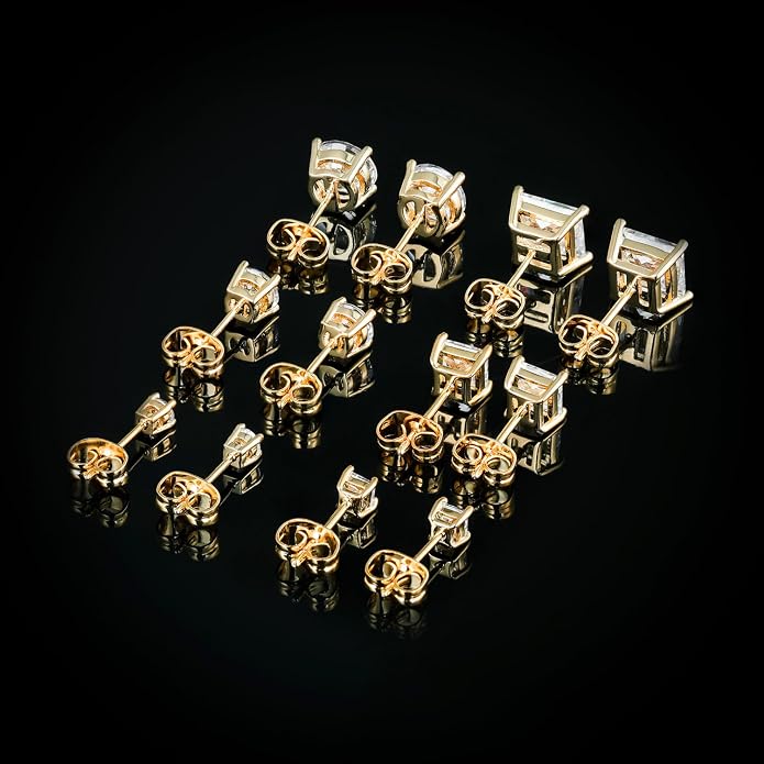 MDFUN 6 Pairs Stud Earrings Set 3mm/5mm/7mm Princess & Round Cubic Zirconia Earrings Hypoallergenic 316L Surgical Stainless Steel CZ Earrings for Women Men