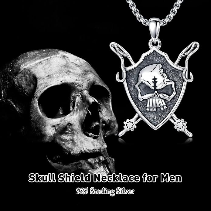 SIMONLY Eagle/Wolf/Skull Necklace for Men 925 Sterling Silver Shield Fish Hook Pendant Amulet Necklace Viking Shield Jewelry Christmas Gifts for Him