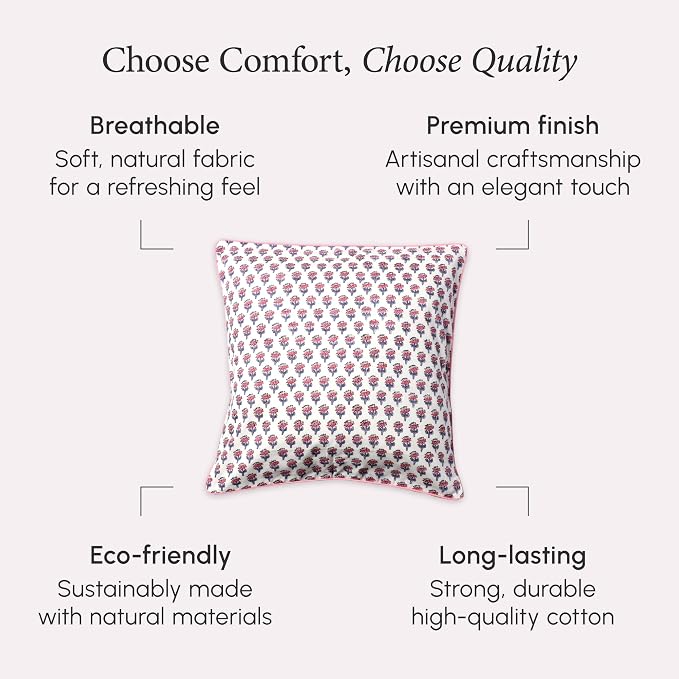 CPC 100% Cotton Throw Pillow Covers 20x20 Inch, Set of 2 Pink Block Print Pattern Couch Pillow, Cute Boho Decorative Pillows for Living Room, Bedroom with Hidden Zipper- Pink Sapphire