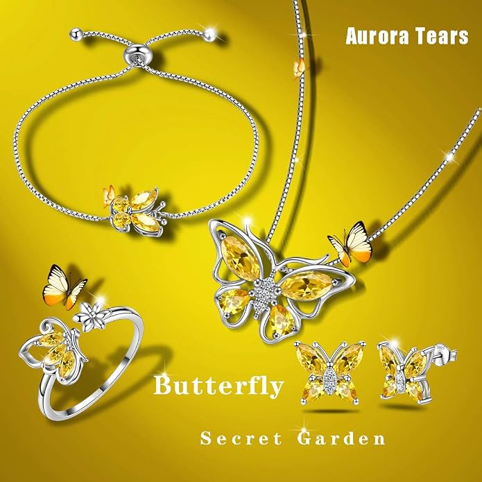 Aurora Tears Butterfly Jewelry,Women 925 Sterling Silver Butterflies Birthstone Pendant Necklace/Earrings/Rings Wedding Gift