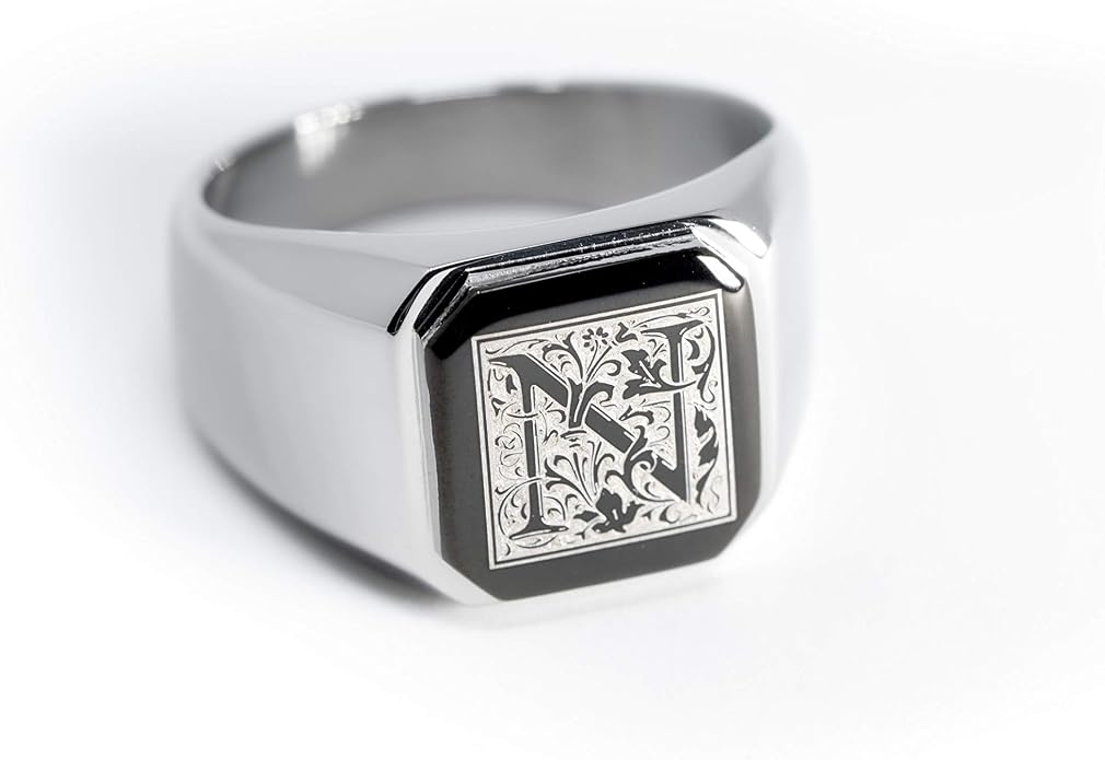 Jewelry | Stainless Steel Letter Alphabet Initial Ring | Square Flat Top Ring for Men & Women | Stainless Steel Jewelry, (Black, Gold, Silver), Size 7-16