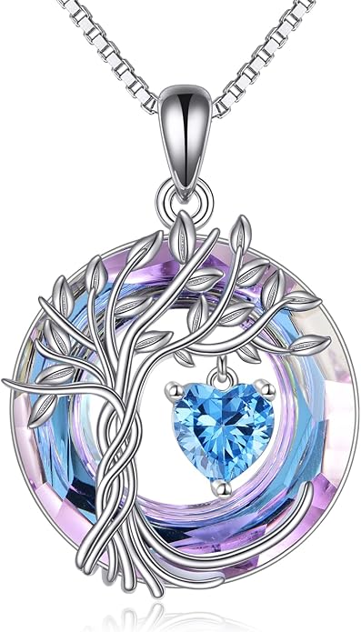 POPLYKE Mothers Day Gifts for Mom Her Wife Tree of Life Necklace 925 Sterling Silver Birthstone Pendant with Crystal Anniversary Birthday Wedding Jewelry for Women
